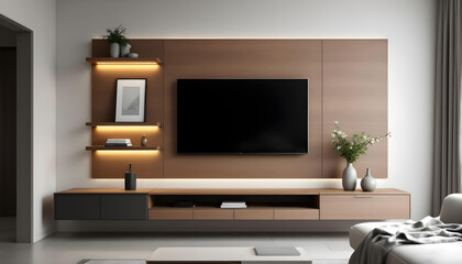 Stylish living room with a matte-finish TV wall panel integrated bookshelf and a warm inviting ambiance with LED lighting