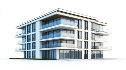 Modern apartment building with glass balconies and sleek design, isolated on white background.