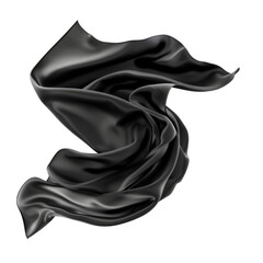 Black silk fabric floating in wind, isolated on transparent or white background