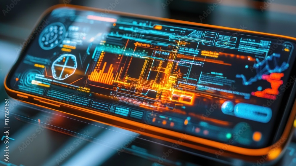 Poster a futuristic smartphone displaying complex data and analytics on its screen.