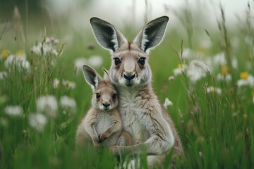 Fototapeta premium A mother kangaroo carrying her joey in her pouch, both peering curiously at the camera in a grassy field