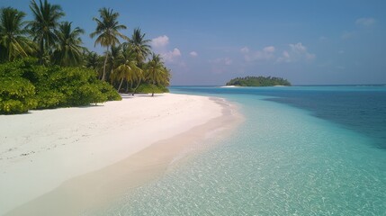 A tranquil sandy beach with palm trees, clear blue water, and an island in the background, capturing the beauty of a tropical paradise