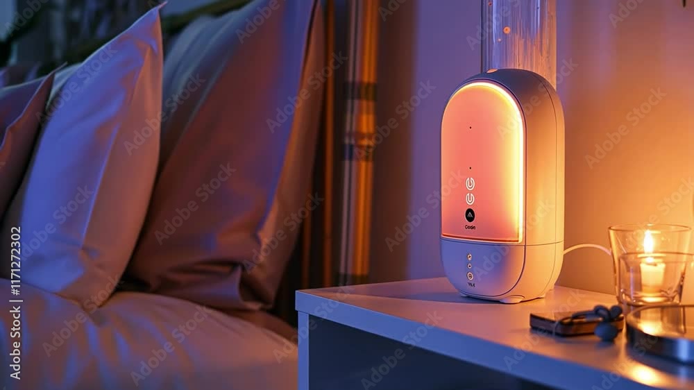 Aufkleber This calming aromatic diffuser glows softly next to a cozy bed, creating a serene spa like environment.