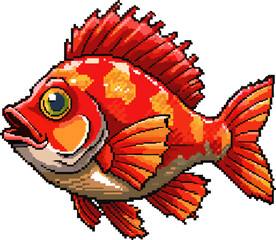 Fototapeta premium Pixelated red and orange fish with vibrant hues in retro video game style design