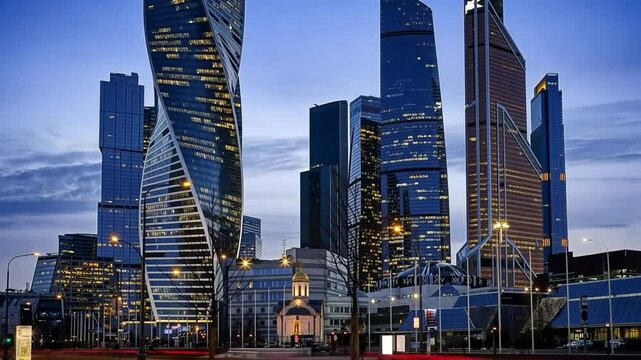 Skyscrapers changing colors at dusk in moscow city