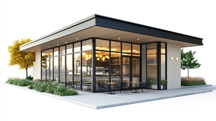 Modern cafe building with large windows, outdoor seating, and landscaping.