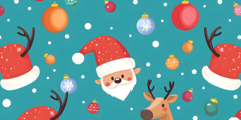 bright and cheerful pattern featuring Santa hats, reindeer, and colorful ornaments on teal background, perfect for festive decorations