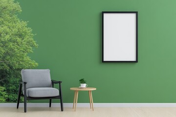 A sleek mockup of a picture frame on a clean, soft sage wall in a minimalist, bright interior.