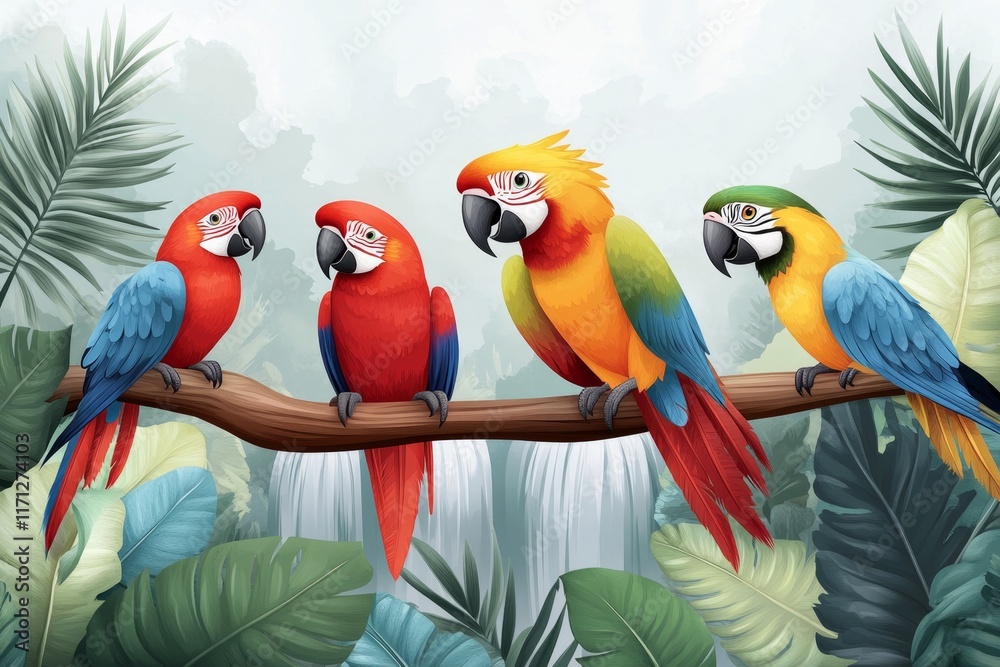 Aufkleber a pixel art jungle scene with animated waterfalls, swaying trees, and colorful parrots flying in a r