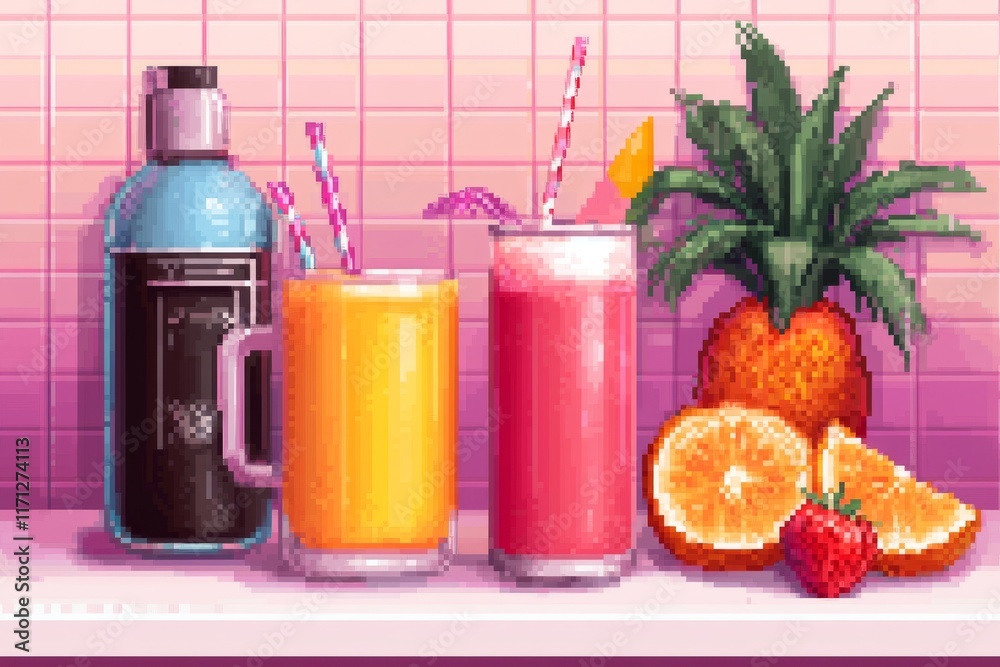 Poster a pixel art juice stand with animated glowing fruit and colorful juice bottles in a retro game-inspi