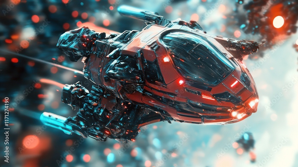 Aufkleber a futuristic spacecraft navigating through a vibrant cosmic environment.