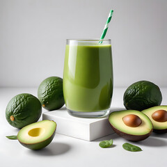 A glass of green smoothie with ingredients like spinach and avocado beside it, on a white surface.