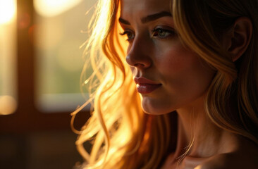 Young caucasian female in warm light with long blonde hair and contemplative expression