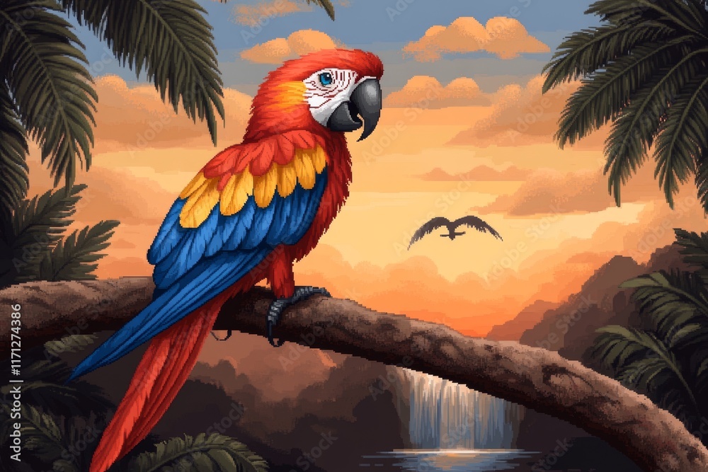 Poster a pixel art jungle scene with animated waterfalls, swaying trees, and colorful parrots flying in a r