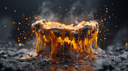 Molten caramel lava dessert with glowing honey drips creating magical eruption effect against dark moody background with smoke and sparks