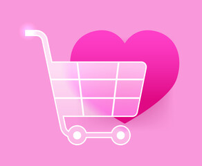 Glass morphism shopping cart icon with heart on pink background. Valentine’s Day market vector symbol