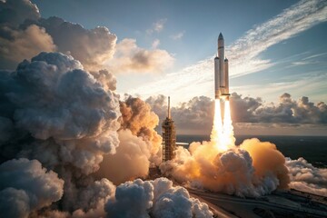 A rocket launching into the sky, surrounded by clouds and smoke, symbolizing space exploration.