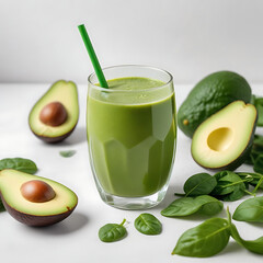 A glass of green smoothie with ingredients like spinach and avocado beside it, on a white surface.