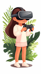 Girl playing VR game, tropical background, digital illustration, gaming technology.