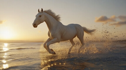 running horse during sunset in a beach with a eye-level angle 