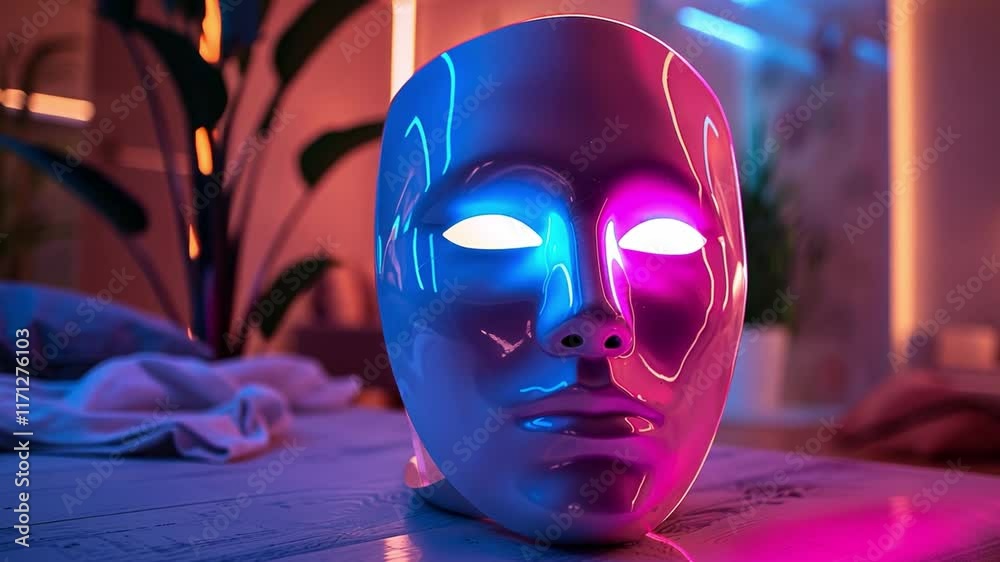 Poster this sleek, modern mask emits vibrant colors, creating a relaxing atmosphere in a spa setting.