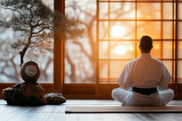A serene scene of a karate practitioner meditating in seiza position on a tatami mat, with sunlight streaming through a window