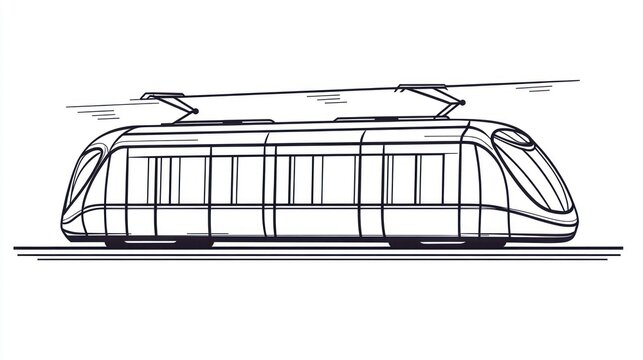 recommend clip art: Modern tram speeding city track, line art, transportation