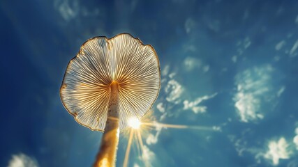Majest&auml;tischer Fliegenpilz aus der Froschperspektive gegen den Himmel fotografiert, Sonnenstrahlen durchleuchten den roten Hut mit wei&szlig;en Punkten