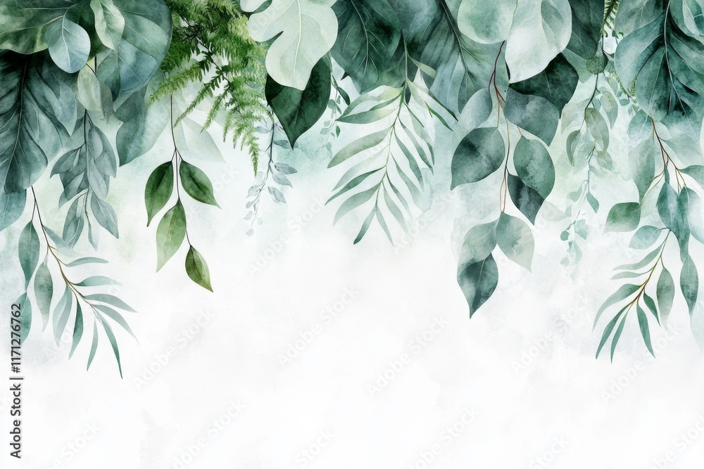Aufkleber a simple and colorful drawing of a jungle canopy with layers of green leaves and abstract wildlife s