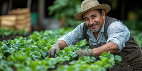 A dedicated gardener smiles as he tends vibrant green plants under the warm sun, showcasing his passion for cultivation