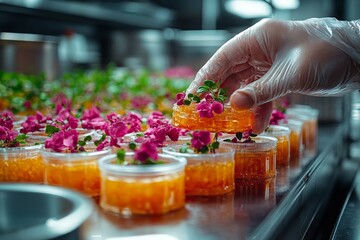 Close-up of a chef’s gloved hand decorating food with vibrant edible flowers in a professional kitchen.