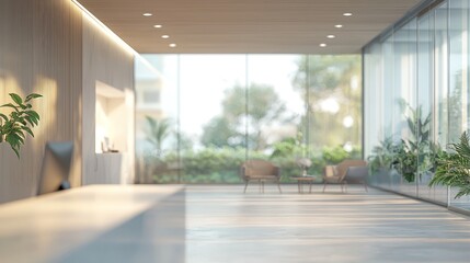 Fototapeta premium Beautiful blurred interior of a modern office featuring panoramic windows, soft lighting, and minimalist furnishings that create a bright and airy atmosphere