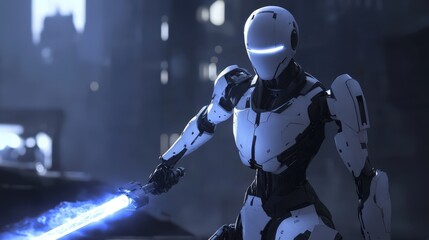 Fototapeta premium Futuristic Robot Warrior Wielding A Blazing Lightsaber