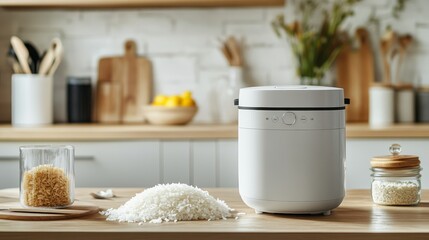 A kitchen scene featuring a rice cooker with rice and grains on a wooden countertop.