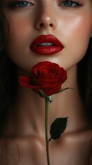 Close-up portrait of a beautiful woman. She holds a single red rose near her lips, evoking elegance and passion.