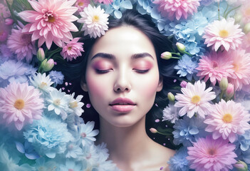 Beauty portrait of a woman surrounded by a variety of colorful flowers, creating a serene atmosphere
