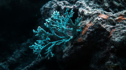 Glowing blue coral branch illuminated underwater against dark background with natural texture and bioluminescent marine life in deep ocean
