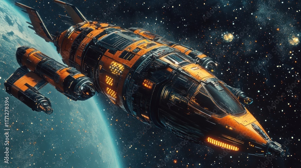 Aufkleber a futuristic spaceship gliding through space, showcasing advanced technology and design.