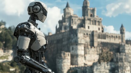 Naklejka premium Advanced Robot Observing Ancient Castle Ruins