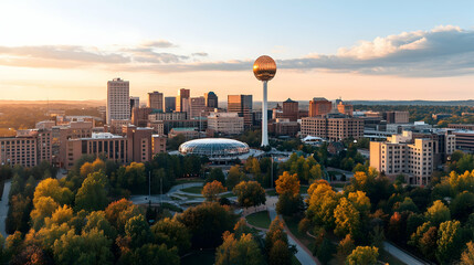 Golden Sunrise over Springfield, Missouri Skyline; Autumn Trees; Aerial View; Cityscape; Tourism.