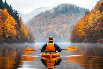 A solo kayaker in a vibrant orange kayak, gliding through a winding river surrounded by autumn trees