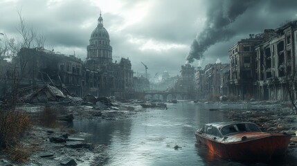 Post-apocalyptic city scene ruined buildings, flooded streets, abandoned boat, dark sky.