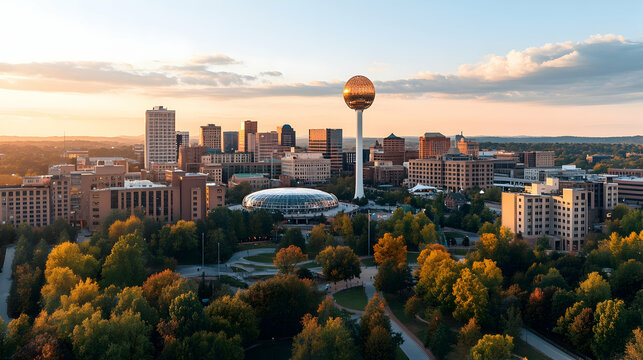 Golden Sunrise over Springfield, Missouri Skyline; Autumn Trees; Aerial View; Cityscape; Tourism.