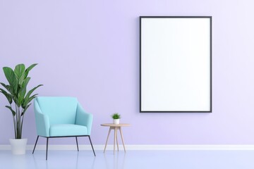 A stylish mockup of a picture frame on a clean, blue purple wall in a minimalist and bright interior.