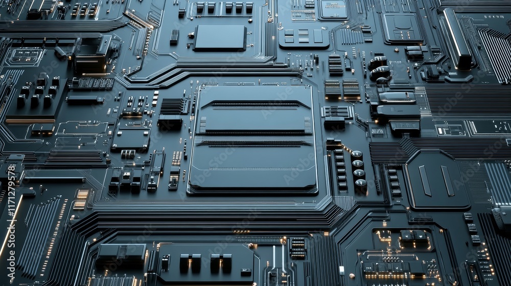 Poster a close-up view of a complex circuit board with intricate pathways and components.