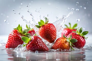 High-definition strawberries, white background, a splash of freshness.