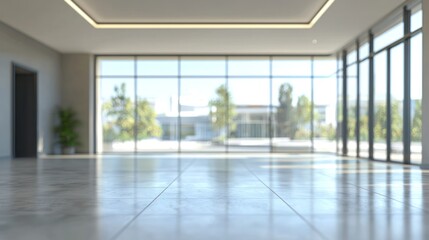 Obraz premium Blurred background of a spacious meeting room with large windows and modern decor