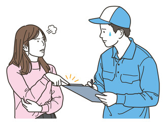 作業着を着た男性にクレームを出す女性客