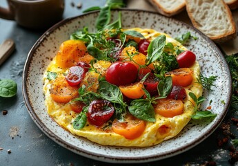 Fresh Vegetable Omelette with Cherry Tomatoes and Herbs Served on Rustic Plate Surrounded by Bread in Cozy Kitchen Setting