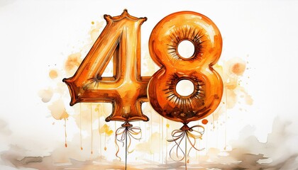 Orange birthday / anniversary balloon, number 48, watercolor painting with white background